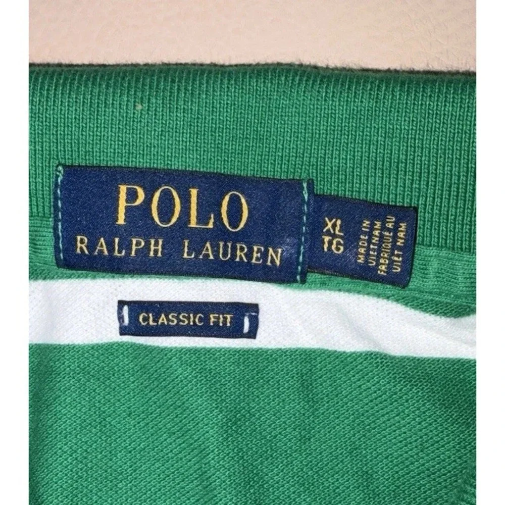 Polo Ralph Lauren Polo Shirt XL Green White Striped Mesh Knit Rugby Classic Fit